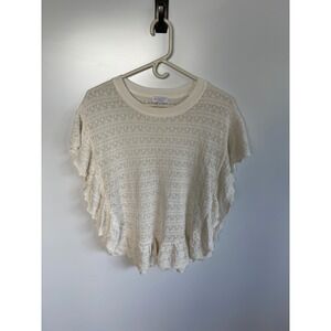 Current Air Los Angeles Ivory Pointelle Knit Ruffle Trim Top Cream Large